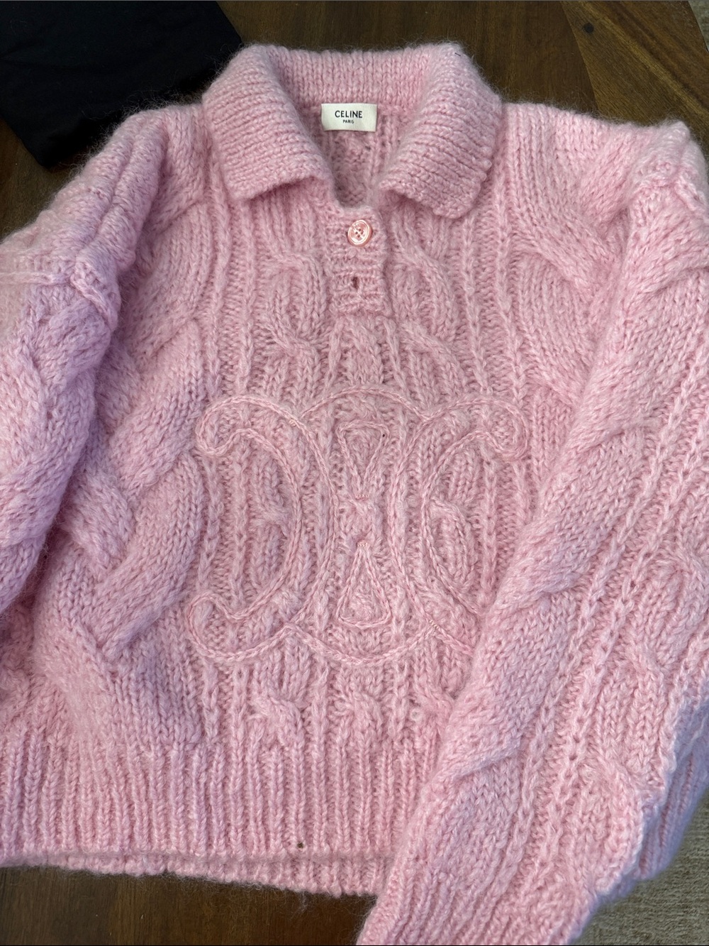 Celine Pink Cable-Knit Mohair-Blend Polo Sweater with Signature Logo